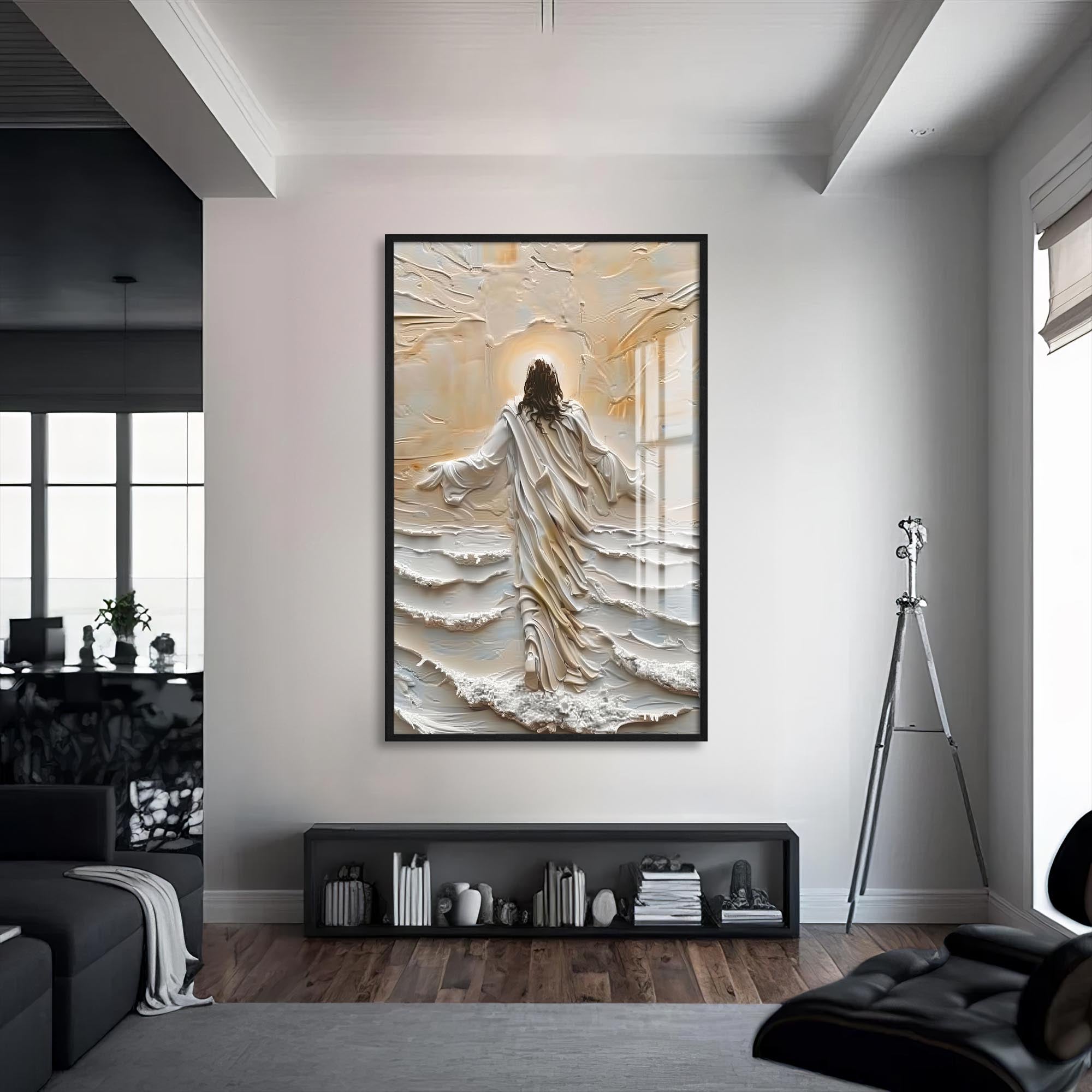 Artronauts Glass Print S | 72x46 cm | 28.3"x18.1" / Black Christ Walking Through  Light– Christian Tempered Glass Wall Art