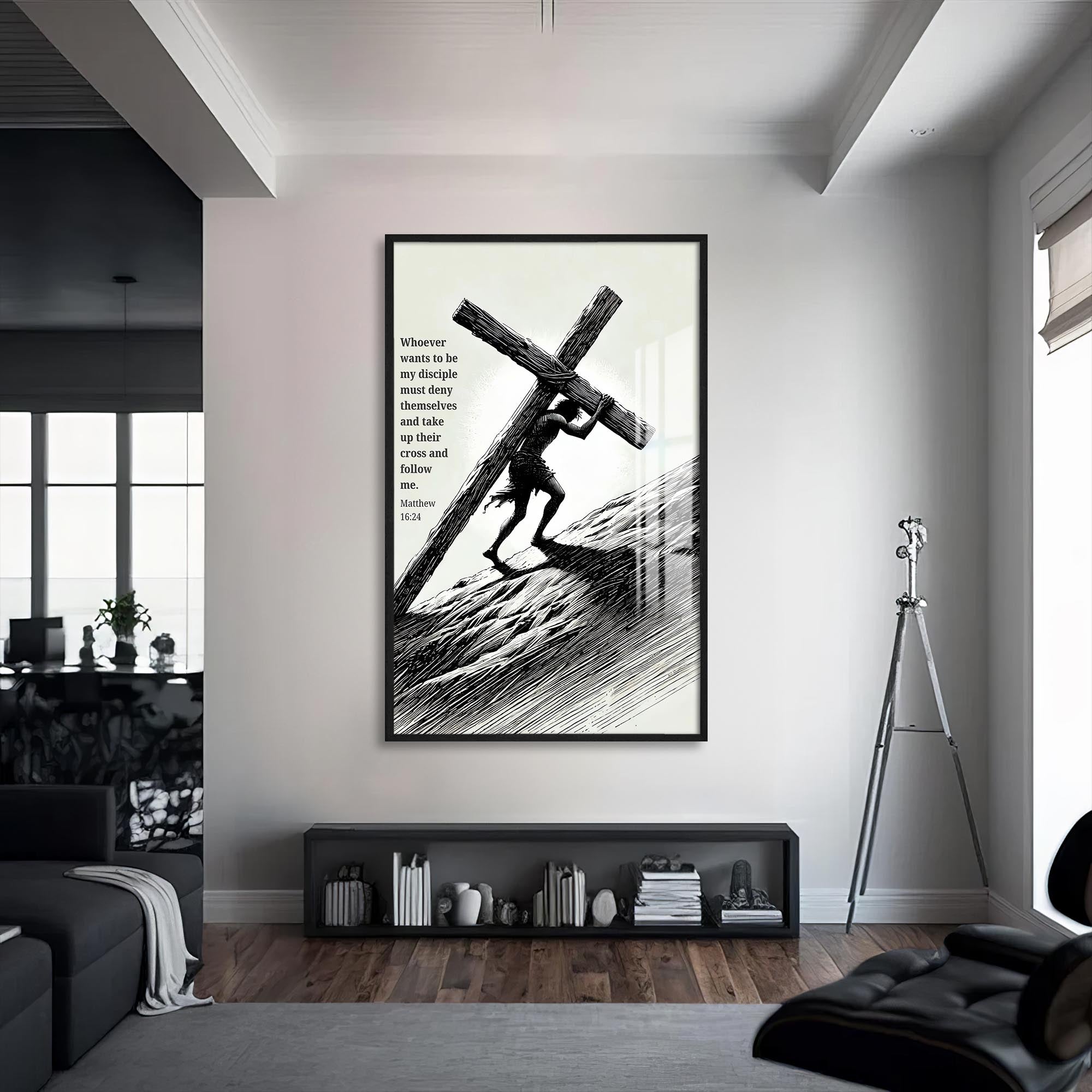 Artronauts Glass Print S | 72x46 cm | 28.3"x18.1" / Black Carrying the Cross Illustration– Christian Tempered Glass Wall Art