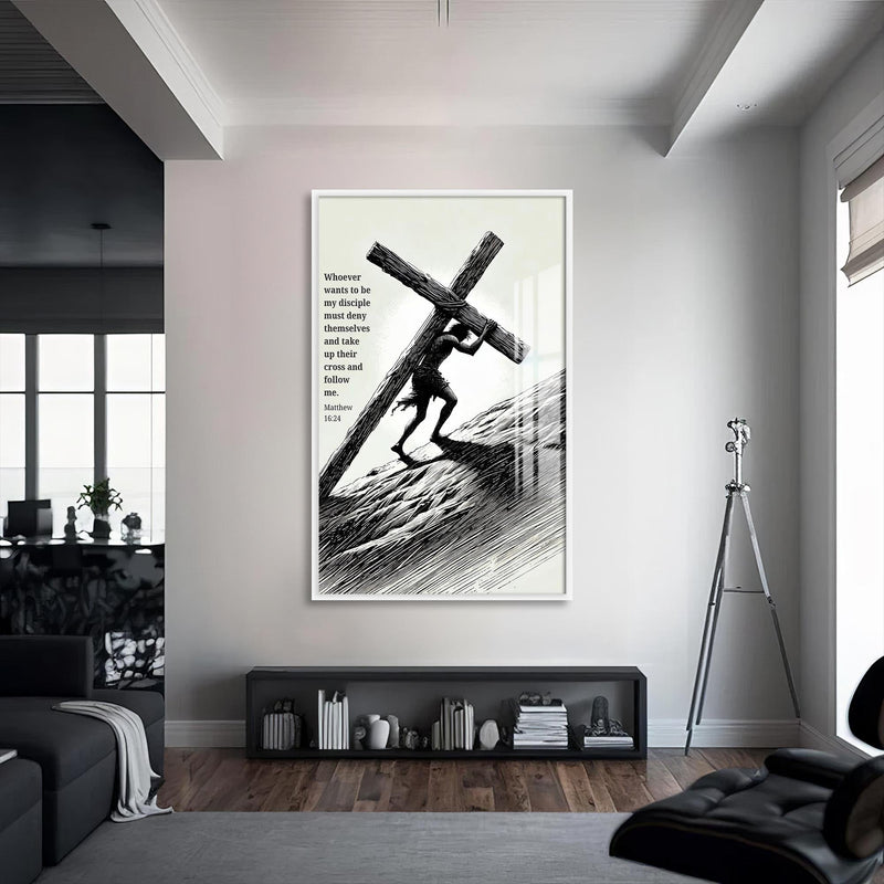Artronauts Glass Print S | 72x46 cm | 28.3"x18.1" / White Carrying the Cross Illustration– Christian Tempered Glass Wall Art