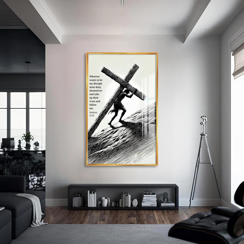 Artronauts Glass Print S | 72x46 cm | 28.3"x18.1" / Gold Carrying the Cross Illustration– Christian Tempered Glass Wall Art