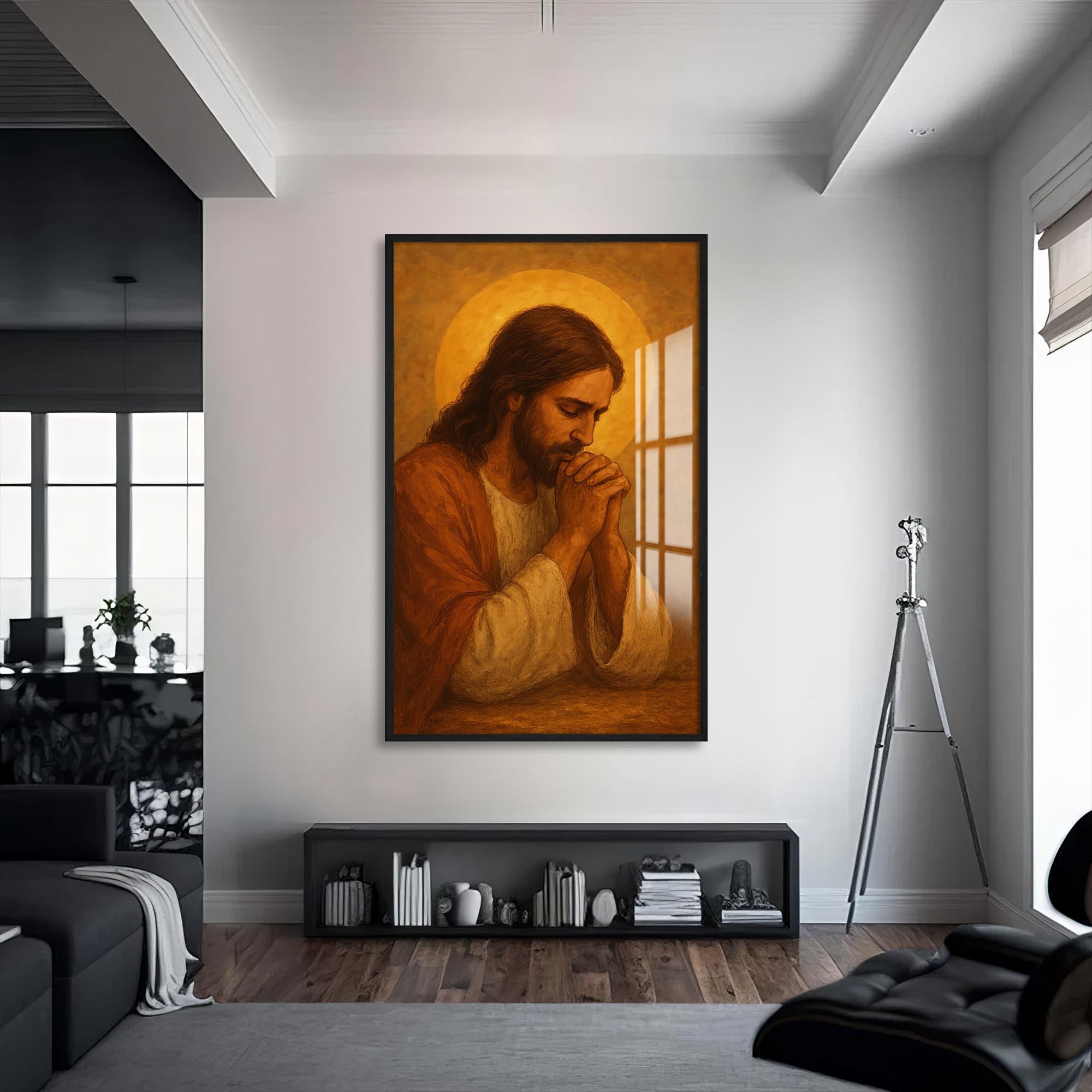 Artronauts Glass Print S | 72x46 cm | 28.3"x18.1" / Black Prayer of Light– Christian Tempered Glass Wall Art