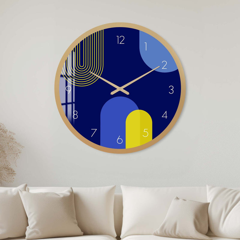 Artronauts Glass Print 40 cm ⌀ | 15.7" / Gold Puffy Blue & Yellow - Glass Wall Clock