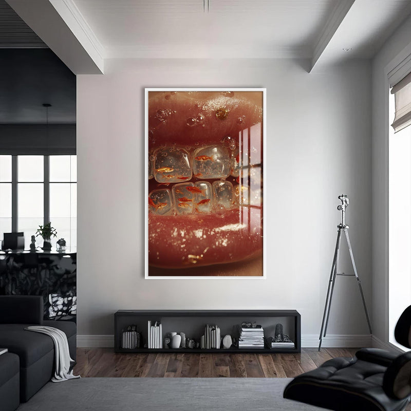 Artronauts Glass Print S | 72x46 cm | 28.3"x18.1" / White Goldfish Braces - Tempered Glass Wall Art