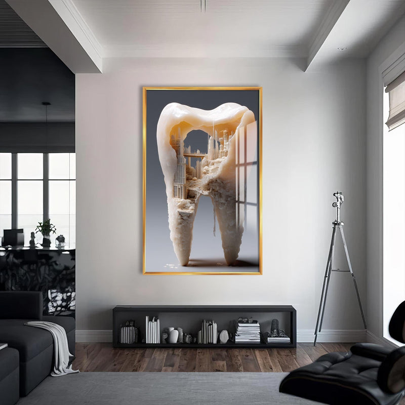 Artronauts Glass Print S | 72x46 cm | 28.3"x18.1" / Gold Crystal Tooth City - Tempered Glass Wall Art