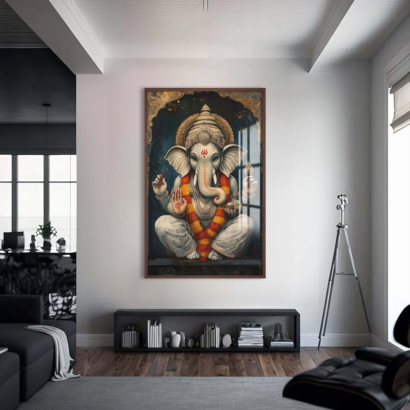 Artronauts Glass Print S | 72x46 cm | 28.3"x18.1" / Walnut Sacred Ganesha- Hinduism Tempered Glass Wall Art