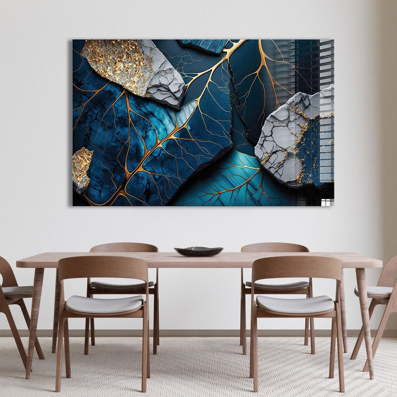 Artronauts Glass Print Golden Veined Blue Abstract II