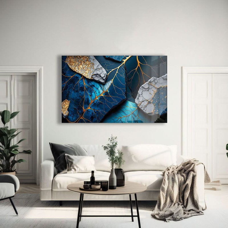 Artronauts Glass Print Golden Veined Blue Abstract II