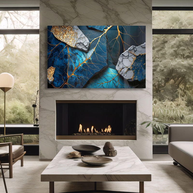 Artronauts Glass Print Golden Veined Blue Abstract II