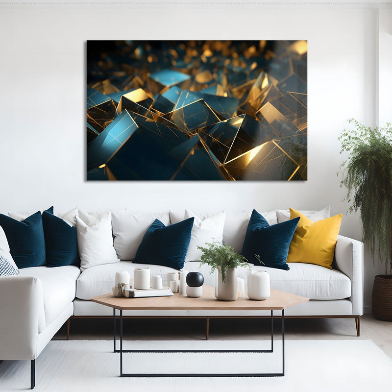 Artronauts Glass Print Golden & Blue Cubes Abstract