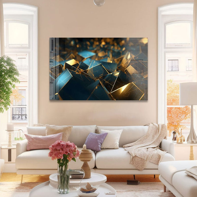 Artronauts Glass Print Golden & Blue Cubes Abstract