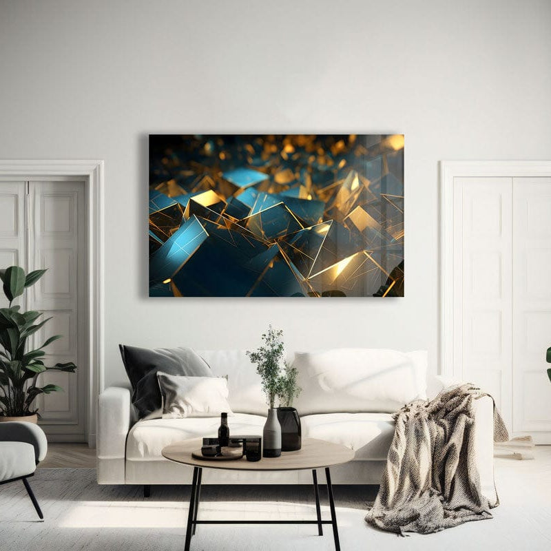 Artronauts Glass Print Golden & Blue Cubes Abstract