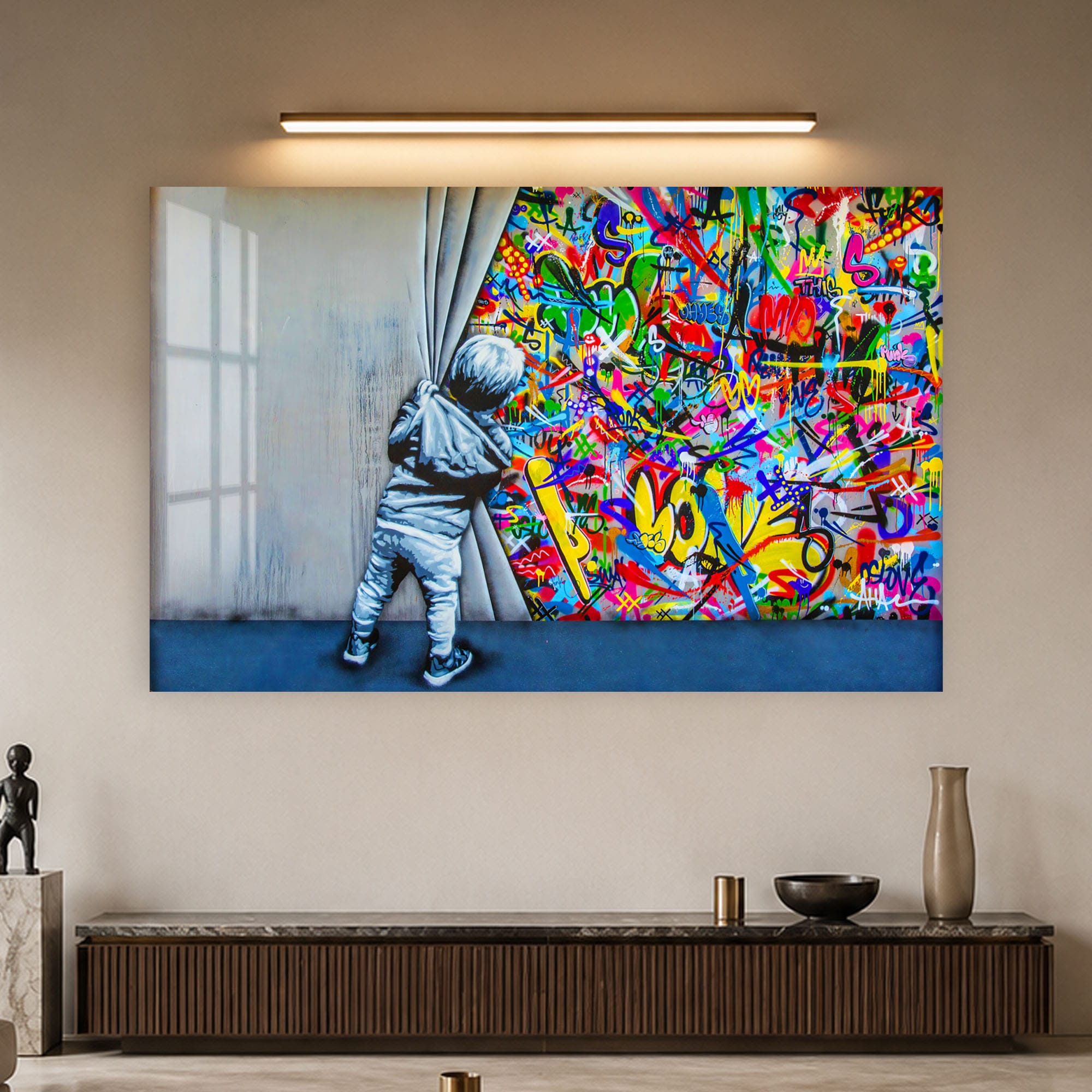 Artronauts Glass Print Behind The Curtains - Banksy