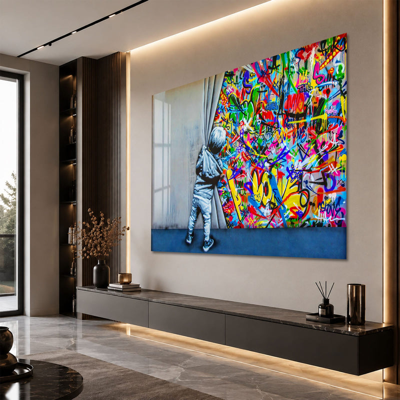 Artronauts Glass Print Behind The Curtains - Banksy