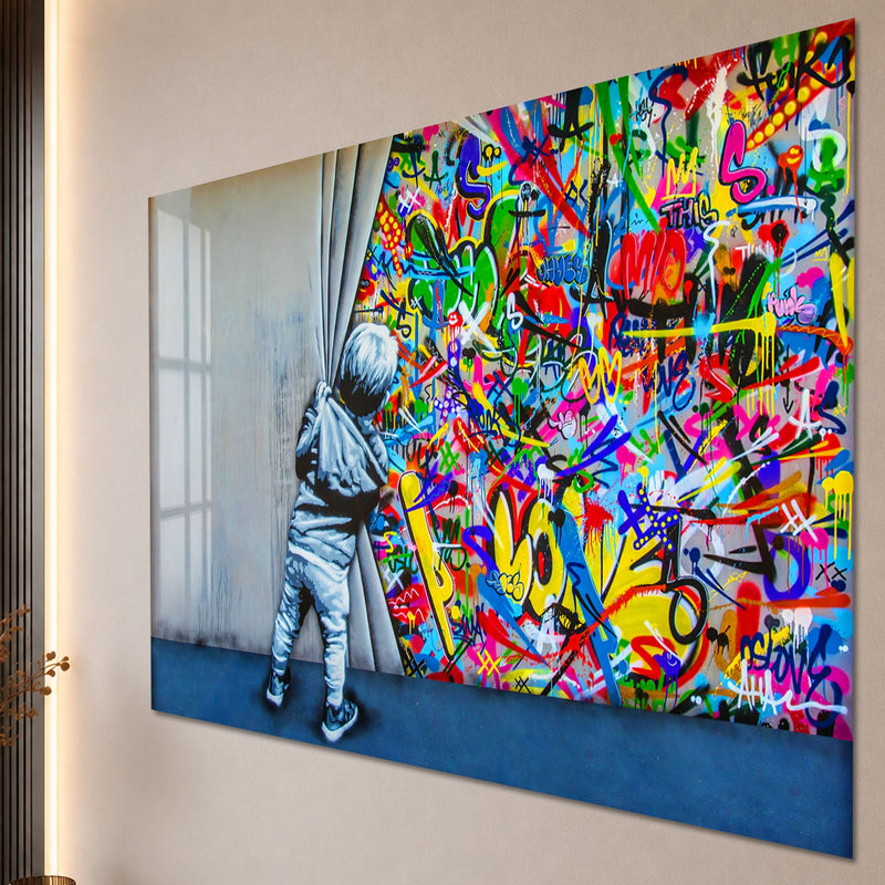 Artronauts Glass Print Behind The Curtains - Banksy