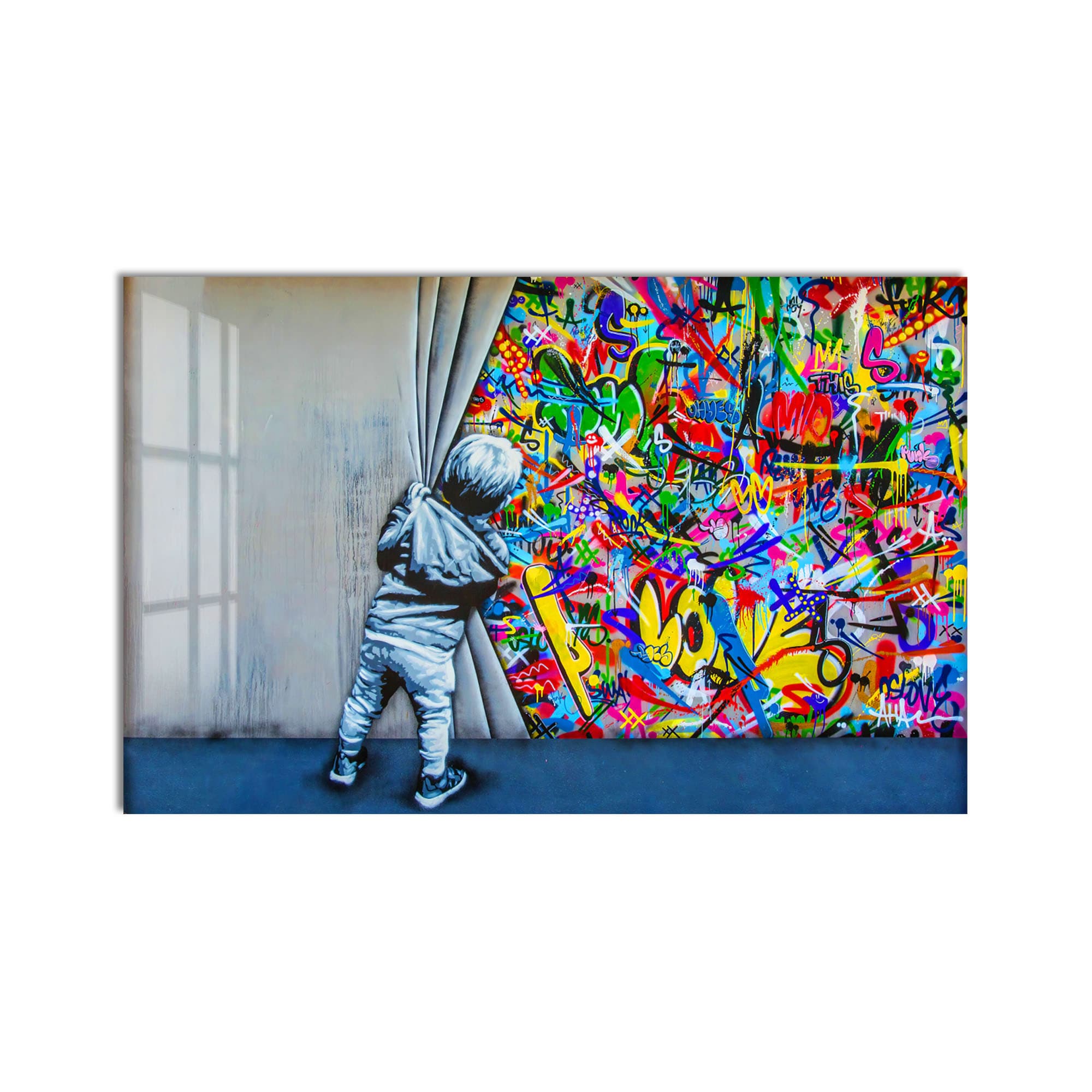 Artronauts Glass Print Behind The Curtains - Banksy