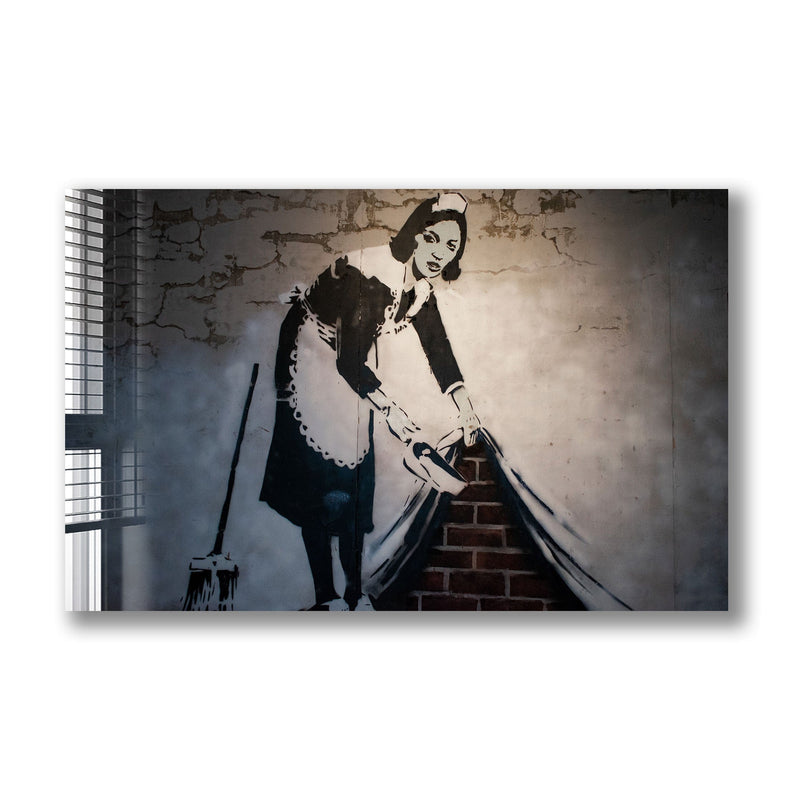 Artronauts Glass Print Sweep It Under The Carped  - Banksy