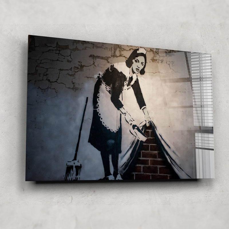Artronauts Glass Print Sweep It Under The Carped  - Banksy