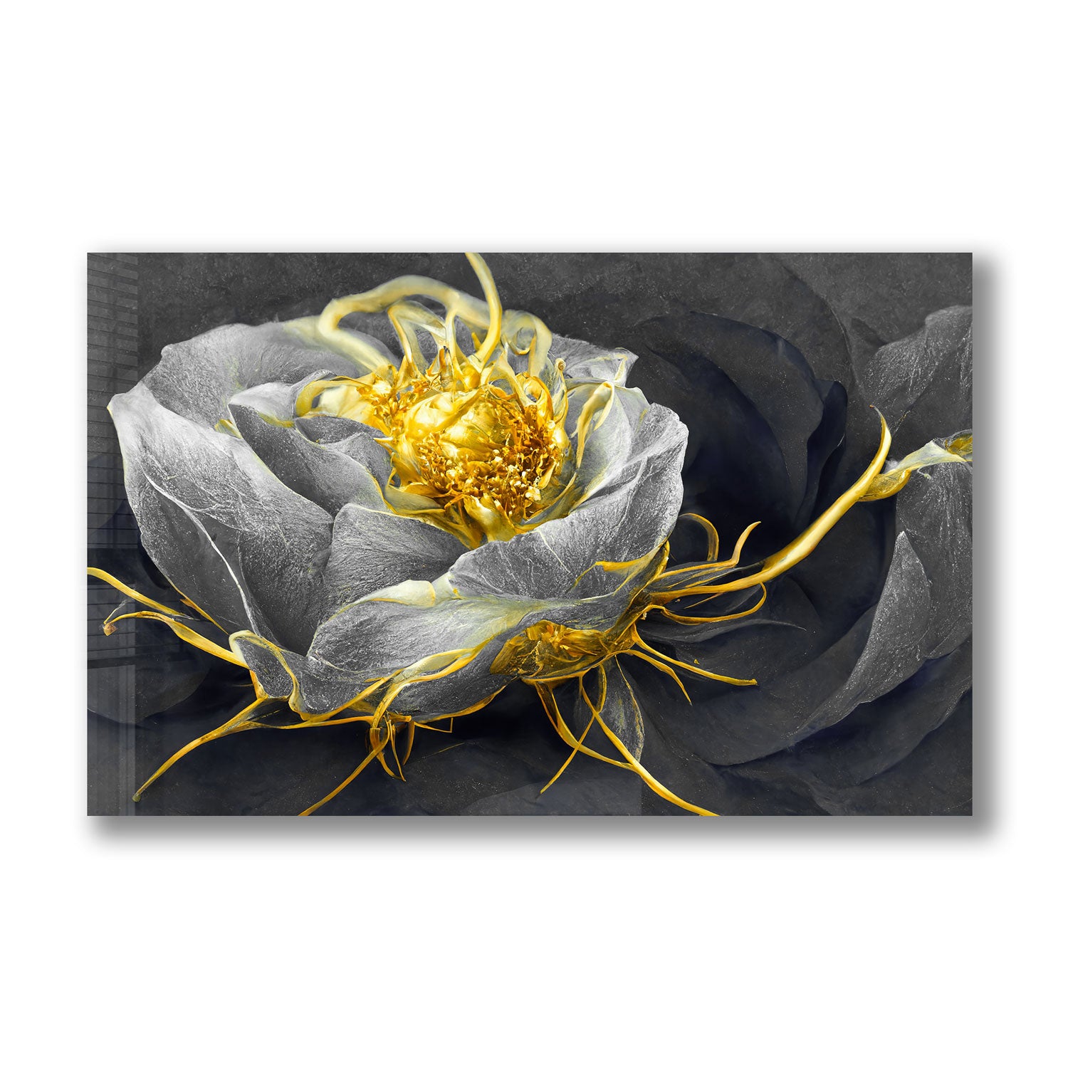 Golden Black Flower - Tempered Glass Wall Art