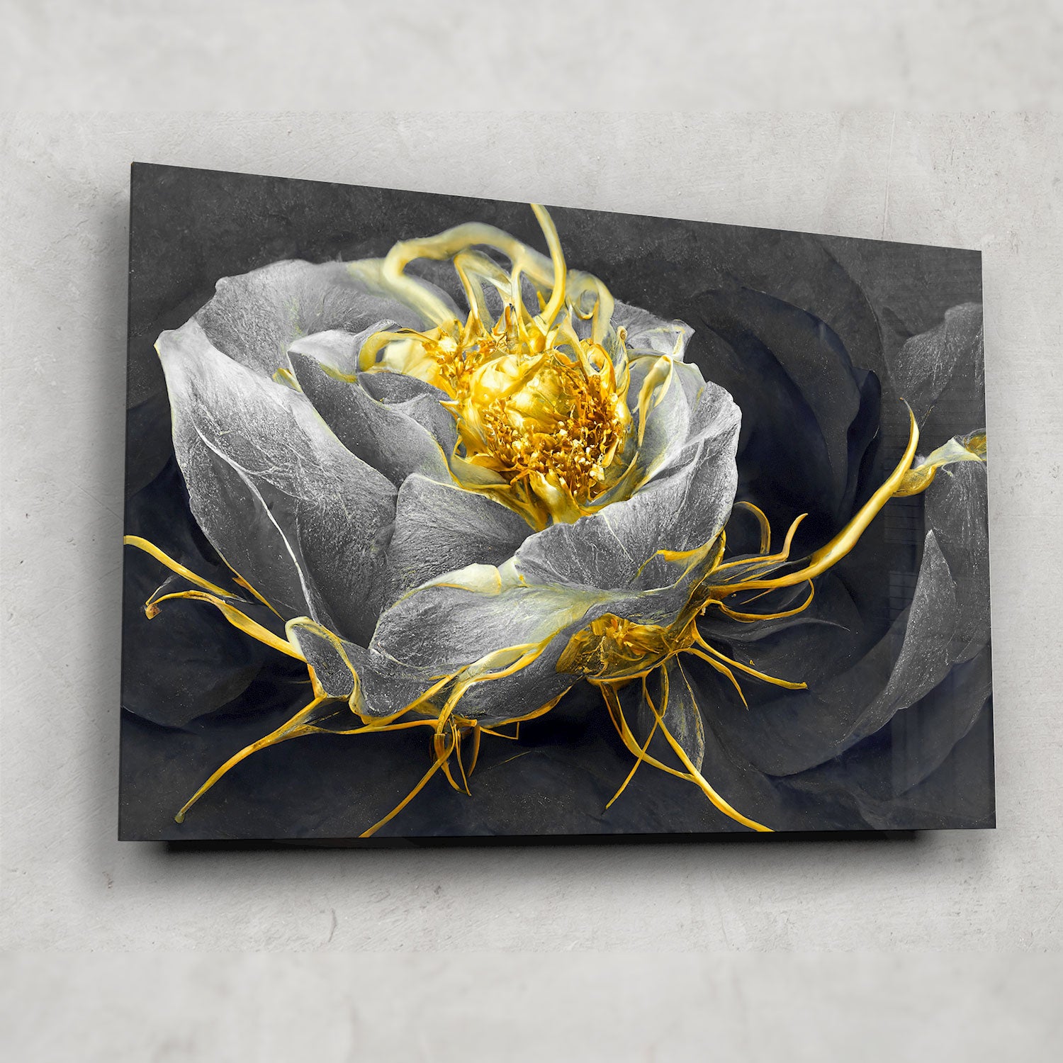 Golden Black Flower - Tempered Glass Wall Art