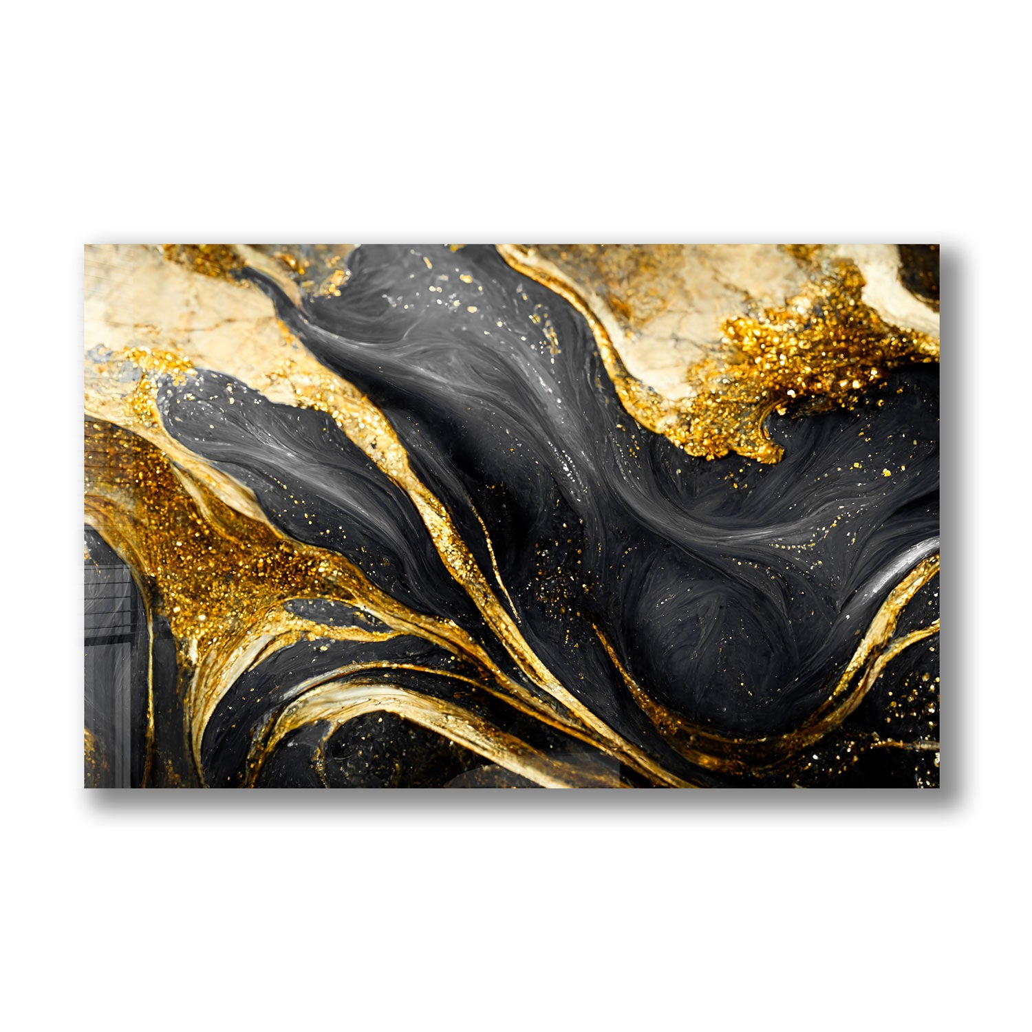 Golden Black Flower - Tempered Glass Wall Art