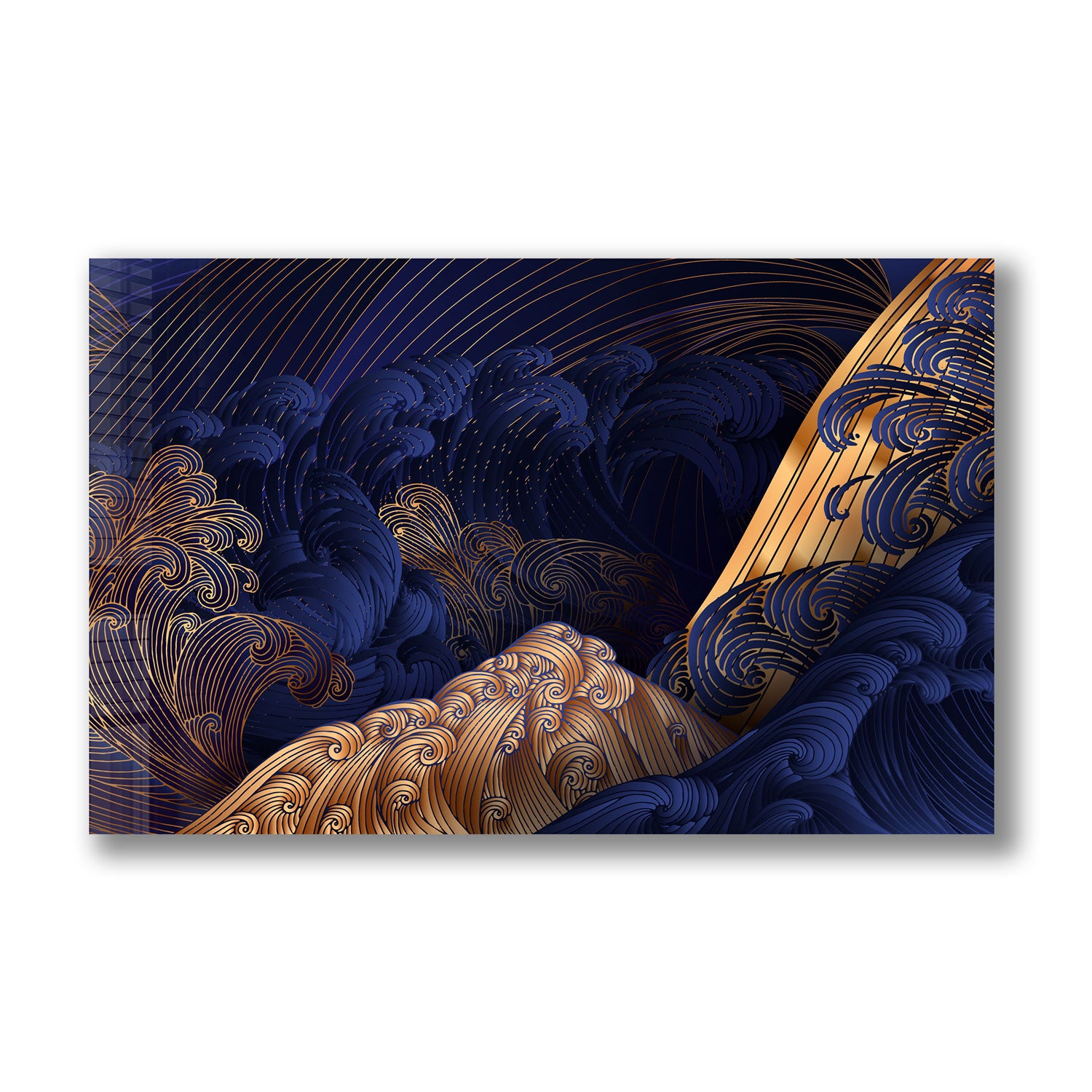 Golden Blue Waves - Tempered Glass Wall Art