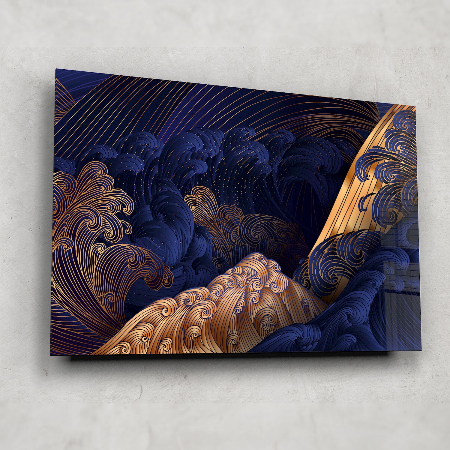 Golden Blue Waves - Tempered Glass Wall Art