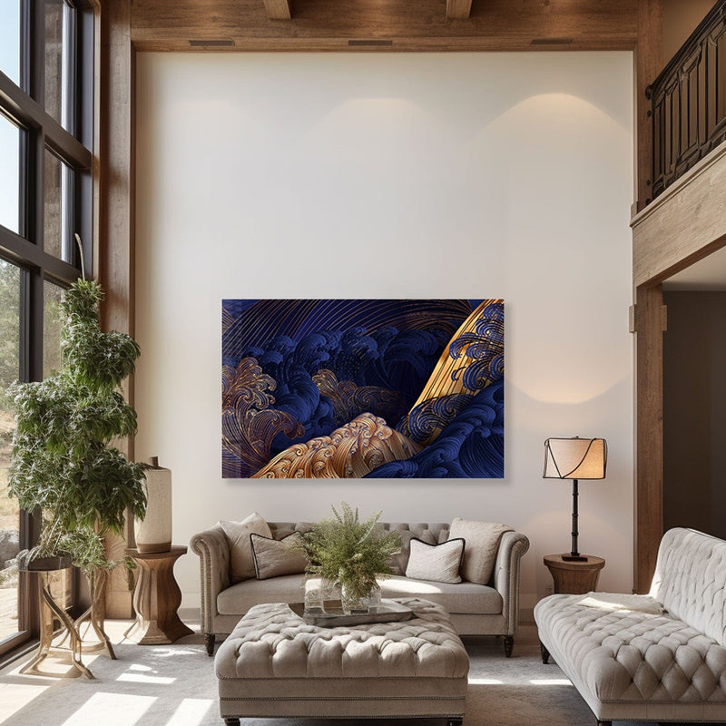 Artronauts Glass Print Golden Blue Waves - Tempered Glass Wall Art