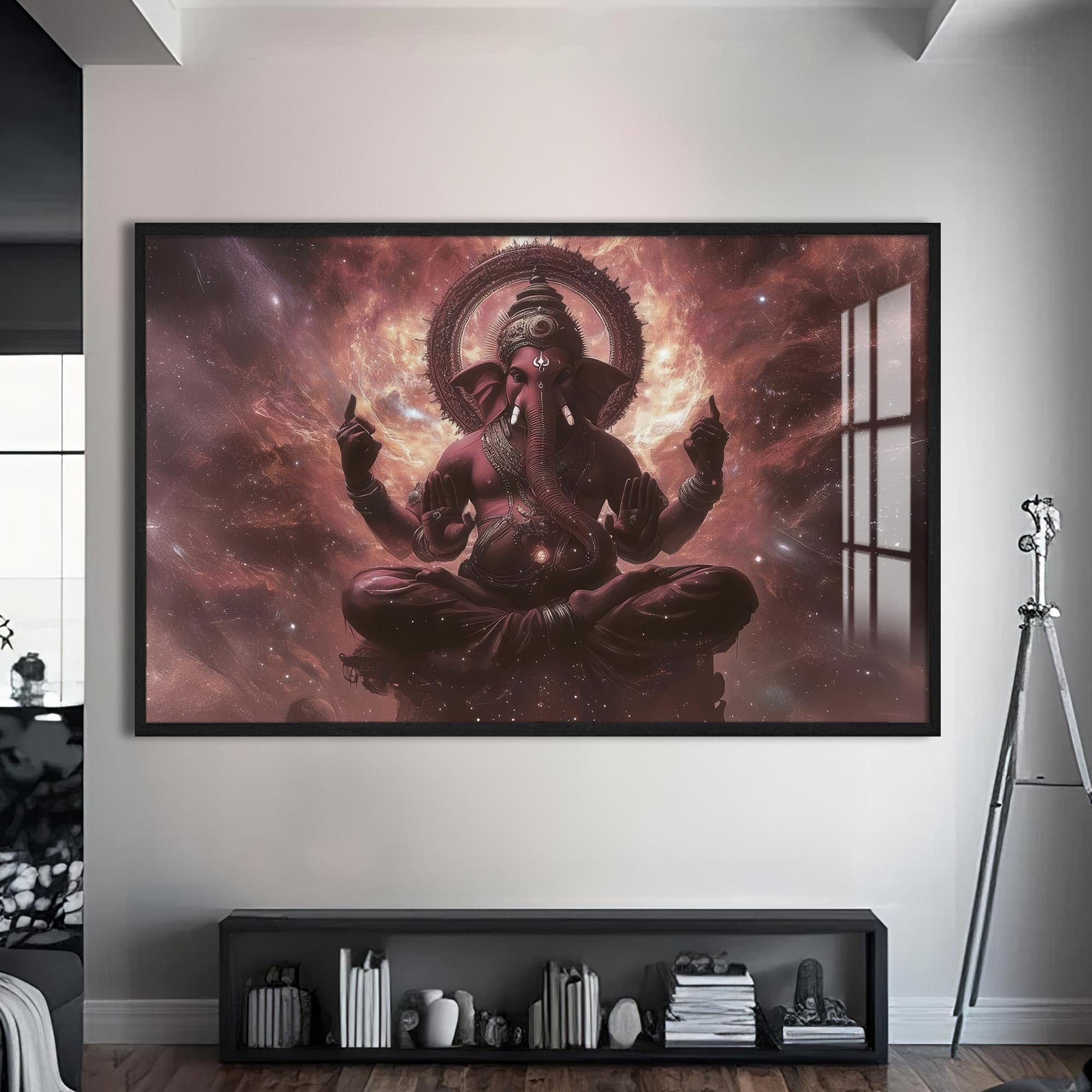 Artronauts Glass Print S | 72x46 cm | 28.3"x18.1" / Black Cosmic Ganesha- Hinduism Tempered Glass Wall Art