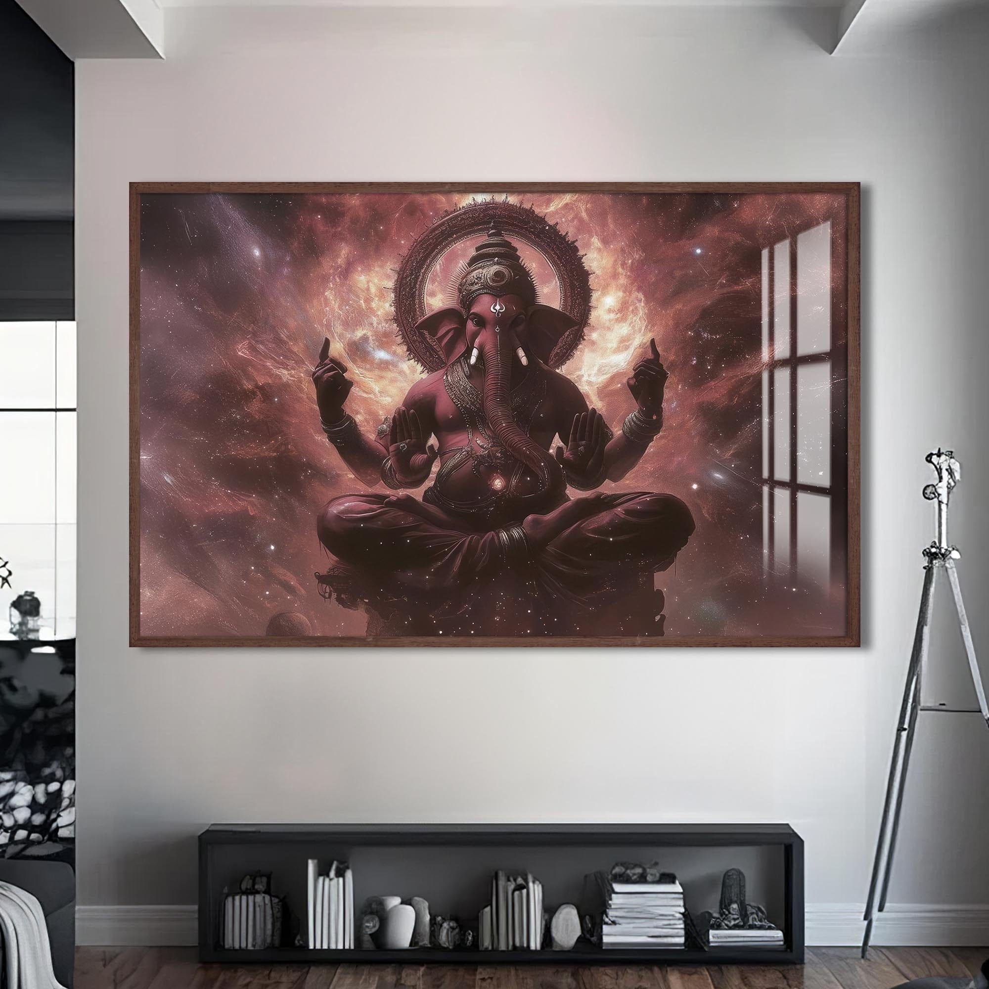Artronauts Glass Print S | 72x46 cm | 28.3"x18.1" / Walnut Cosmic Ganesha- Hinduism Tempered Glass Wall Art