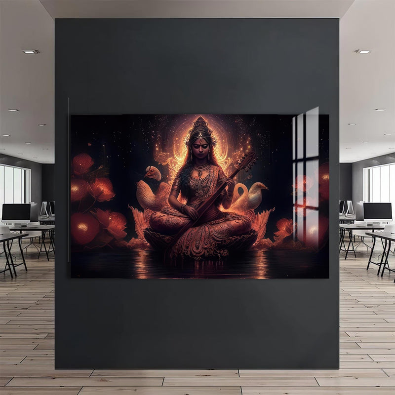 Artronauts Glass Print Lotus Saraswati- Hinduism Tempered Glass Wall Art