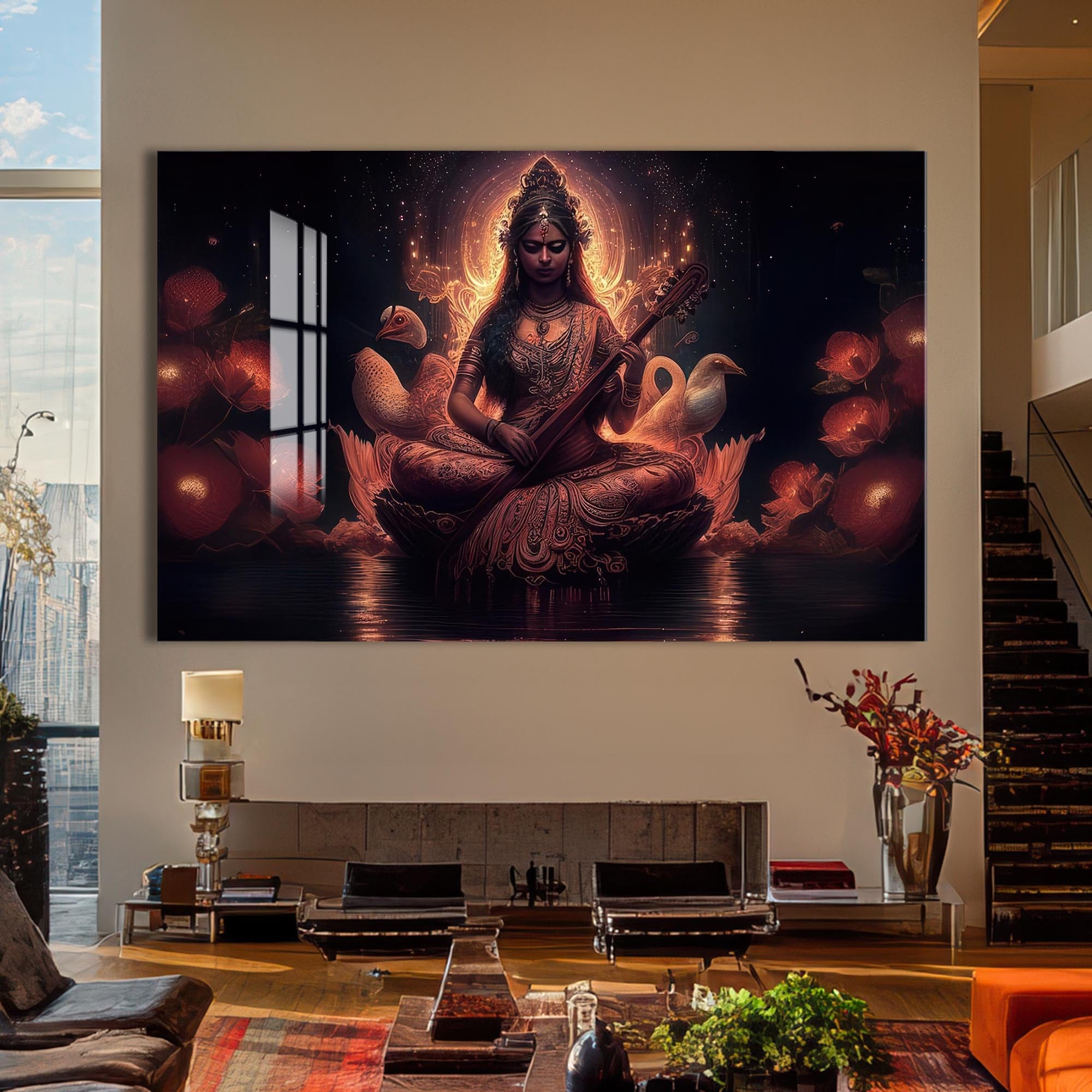 Artronauts Glass Print Lotus Saraswati- Hinduism Tempered Glass Wall Art