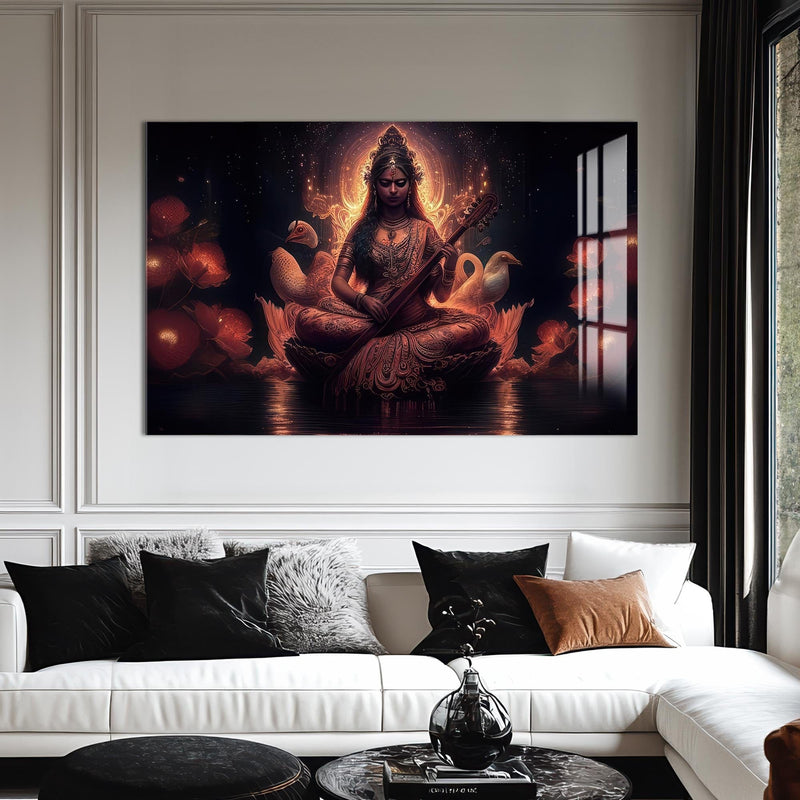 Artronauts Glass Print Lotus Saraswati- Hinduism Tempered Glass Wall Art