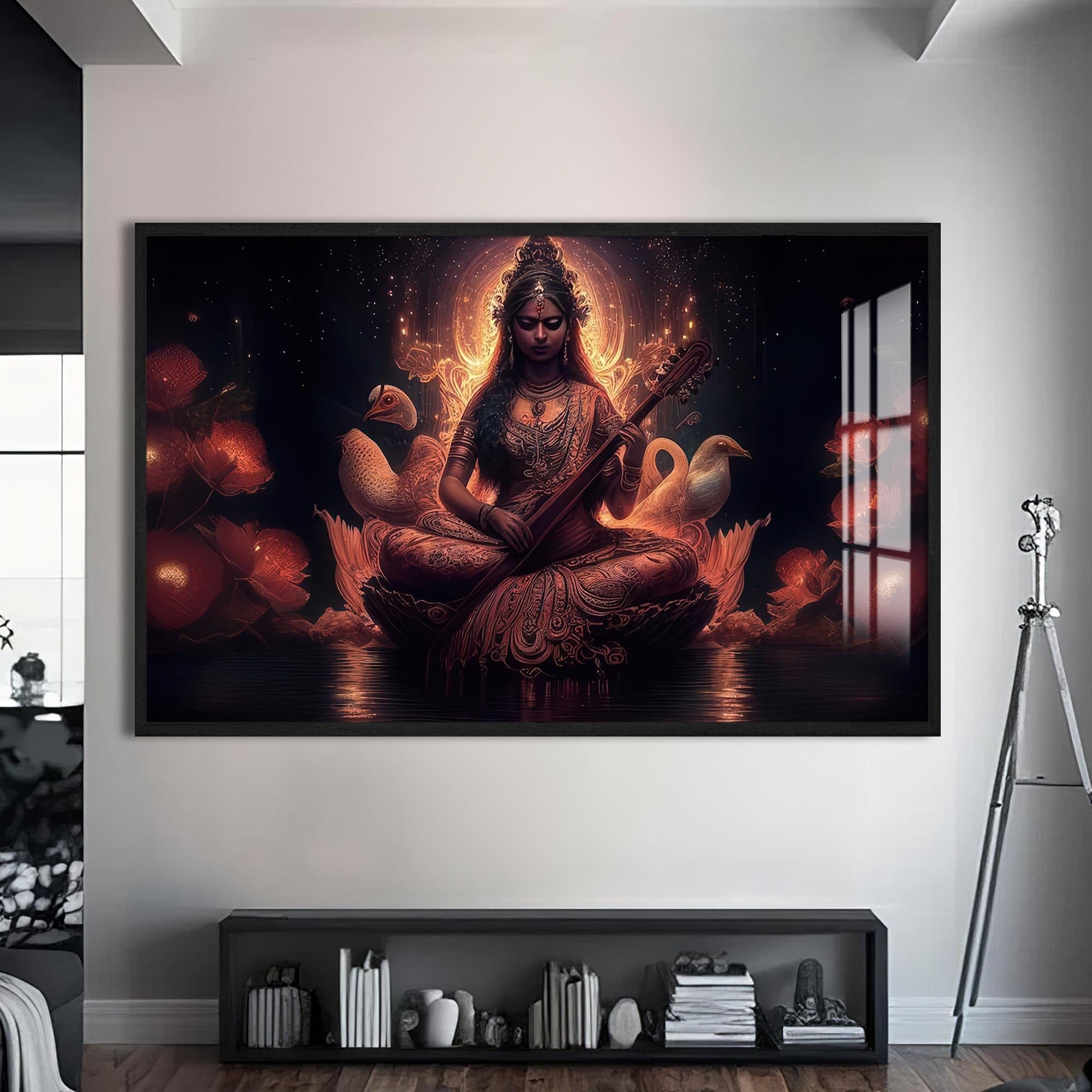 Artronauts Glass Print S | 72x46 cm | 28.3"x18.1" / Black Lotus Saraswati- Hinduism Tempered Glass Wall Art