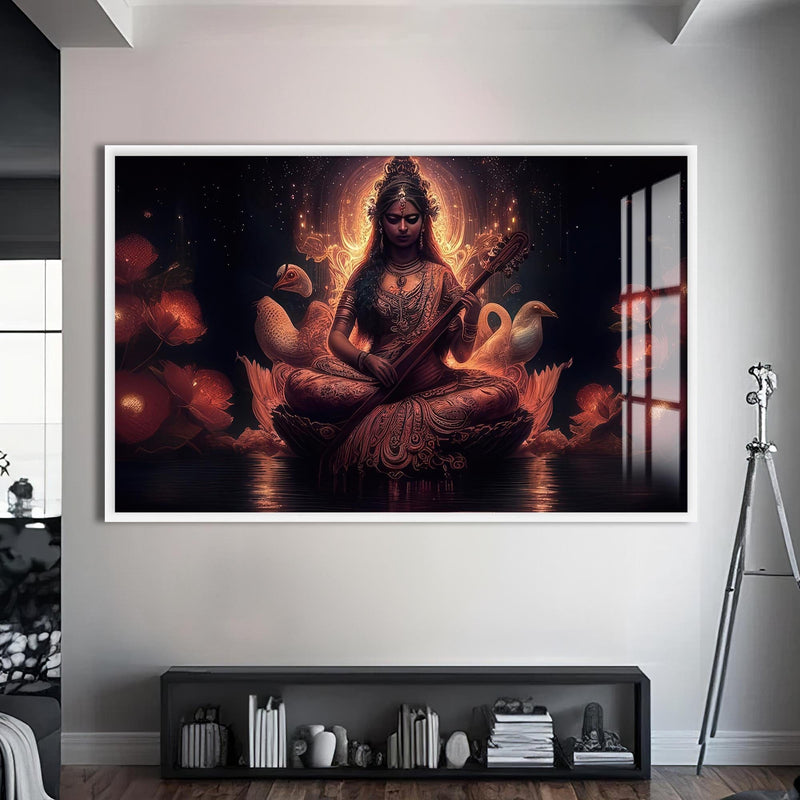 Artronauts Glass Print S | 72x46 cm | 28.3"x18.1" / White Lotus Saraswati- Hinduism Tempered Glass Wall Art