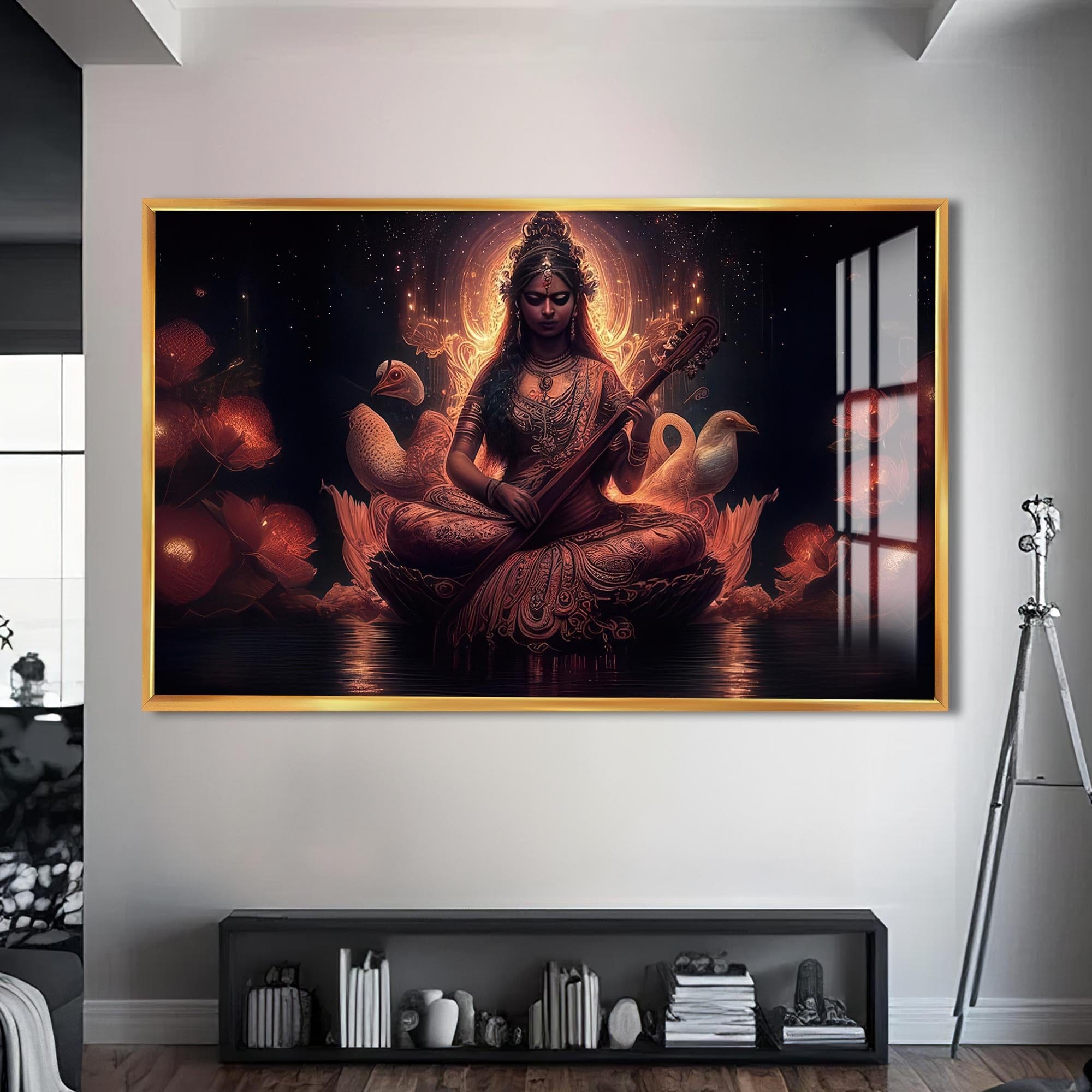 Artronauts Glass Print S | 72x46 cm | 28.3"x18.1" / Gold Lotus Saraswati- Hinduism Tempered Glass Wall Art