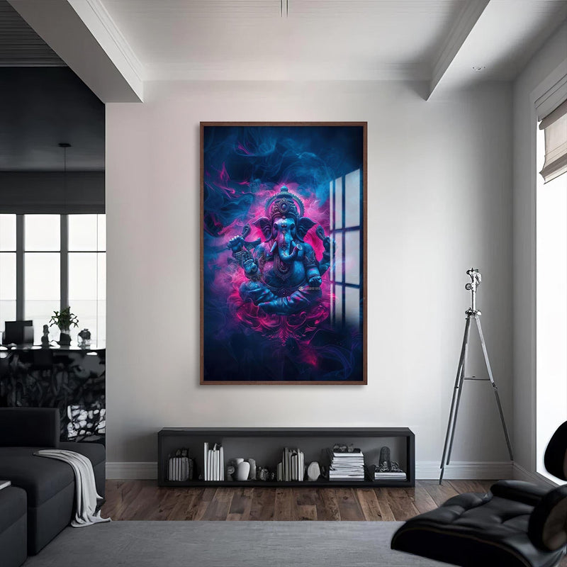 Artronauts Glass Print S | 72x46 cm | 28.3"x18.1" / Walnut Crimson Ganesha- Hinduism Tempered Glass Wall Art