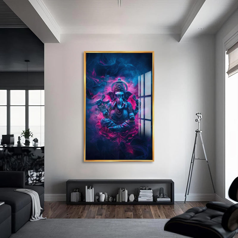 Artronauts Glass Print S | 72x46 cm | 28.3"x18.1" / Gold Crimson Ganesha- Hinduism Tempered Glass Wall Art