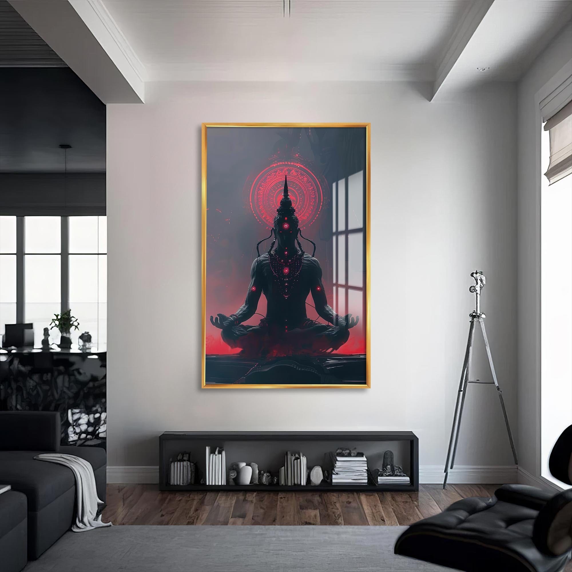 Artronauts Glass Print S | 72x46 cm | 28.3"x18.1" / Gold Neon Ganesha- Hinduism Tempered Glass Wall Art