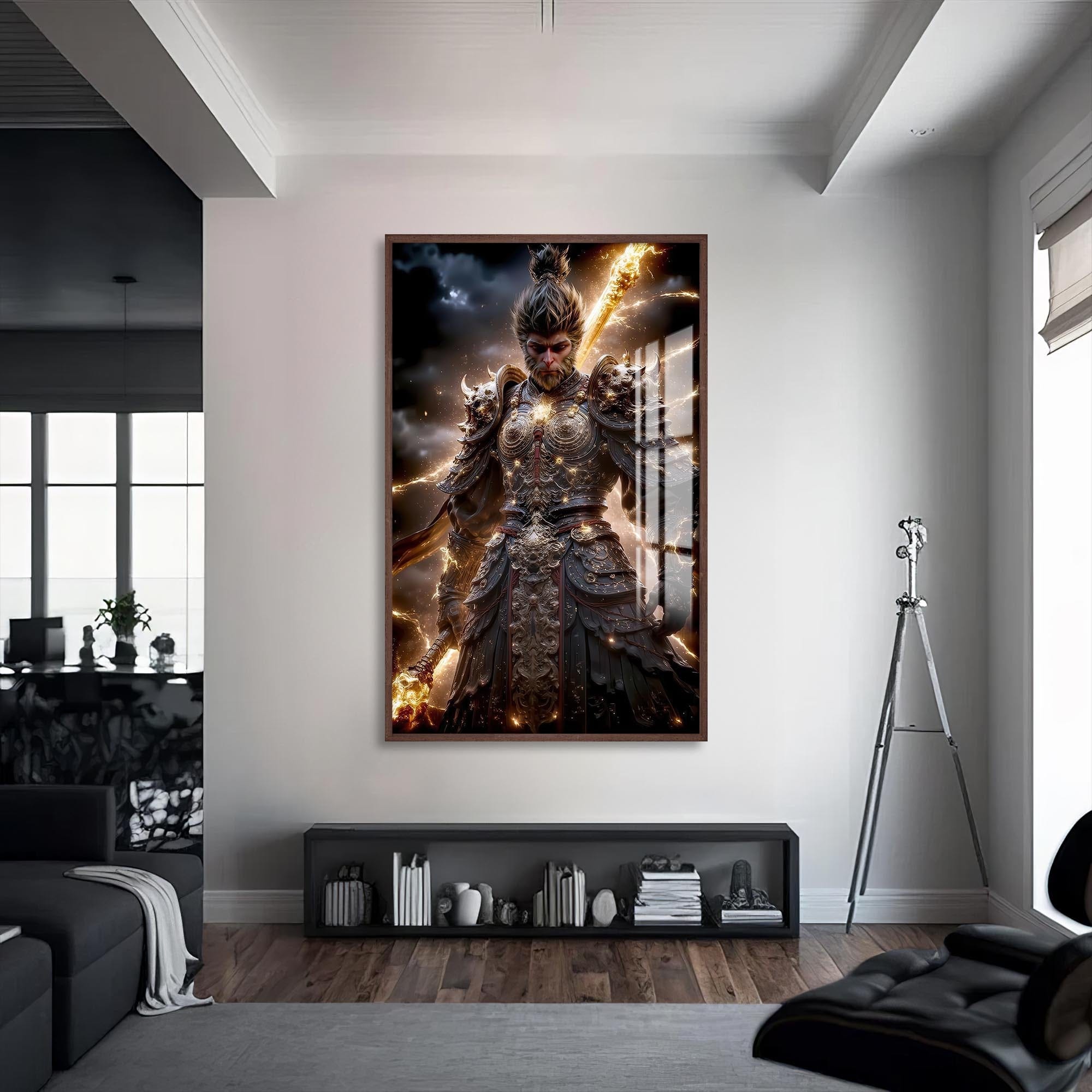 Artronauts Glass Print S | 72x46 cm | 28.3"x18.1" / Walnut Golden Warrior- Hinduism Tempered Glass Wall Art