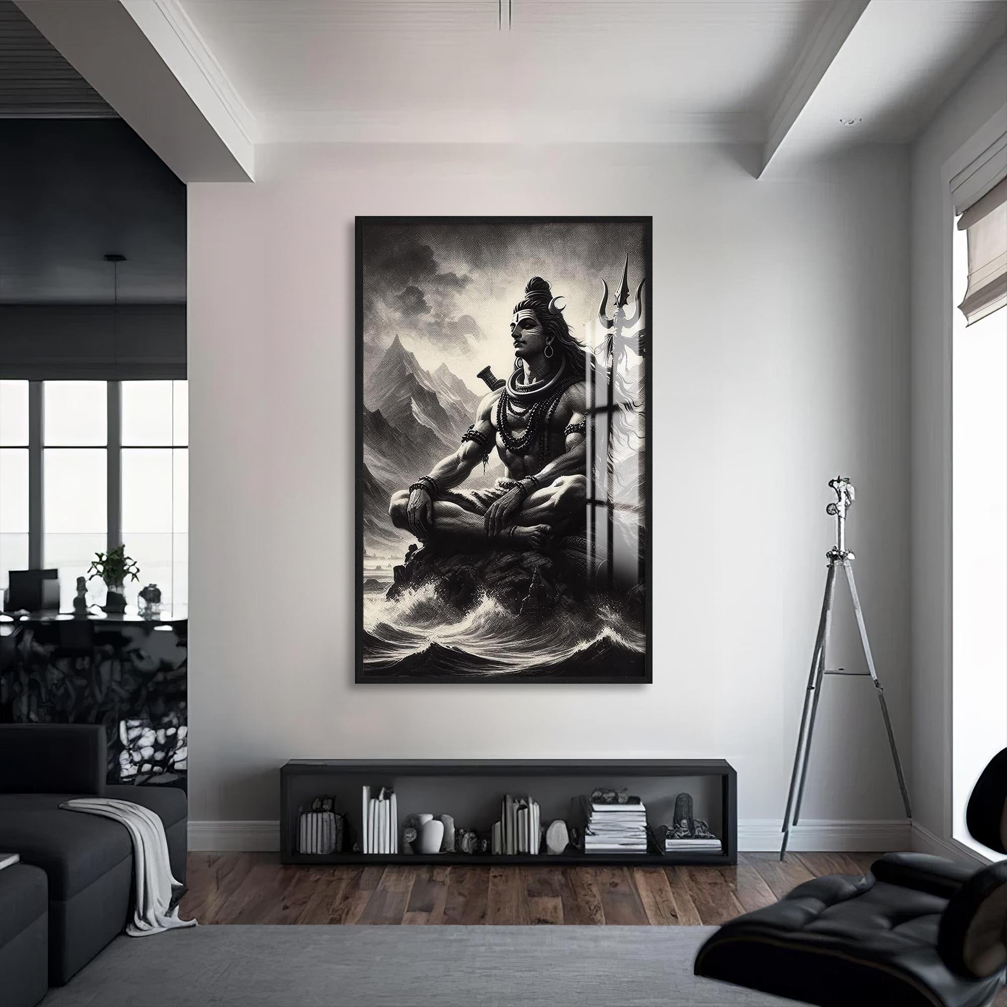 Artronauts Glass Print S | 72x46 cm | 28.3"x18.1" / Black Silent Mahadev- Hinduism Tempered Glass Wall Art