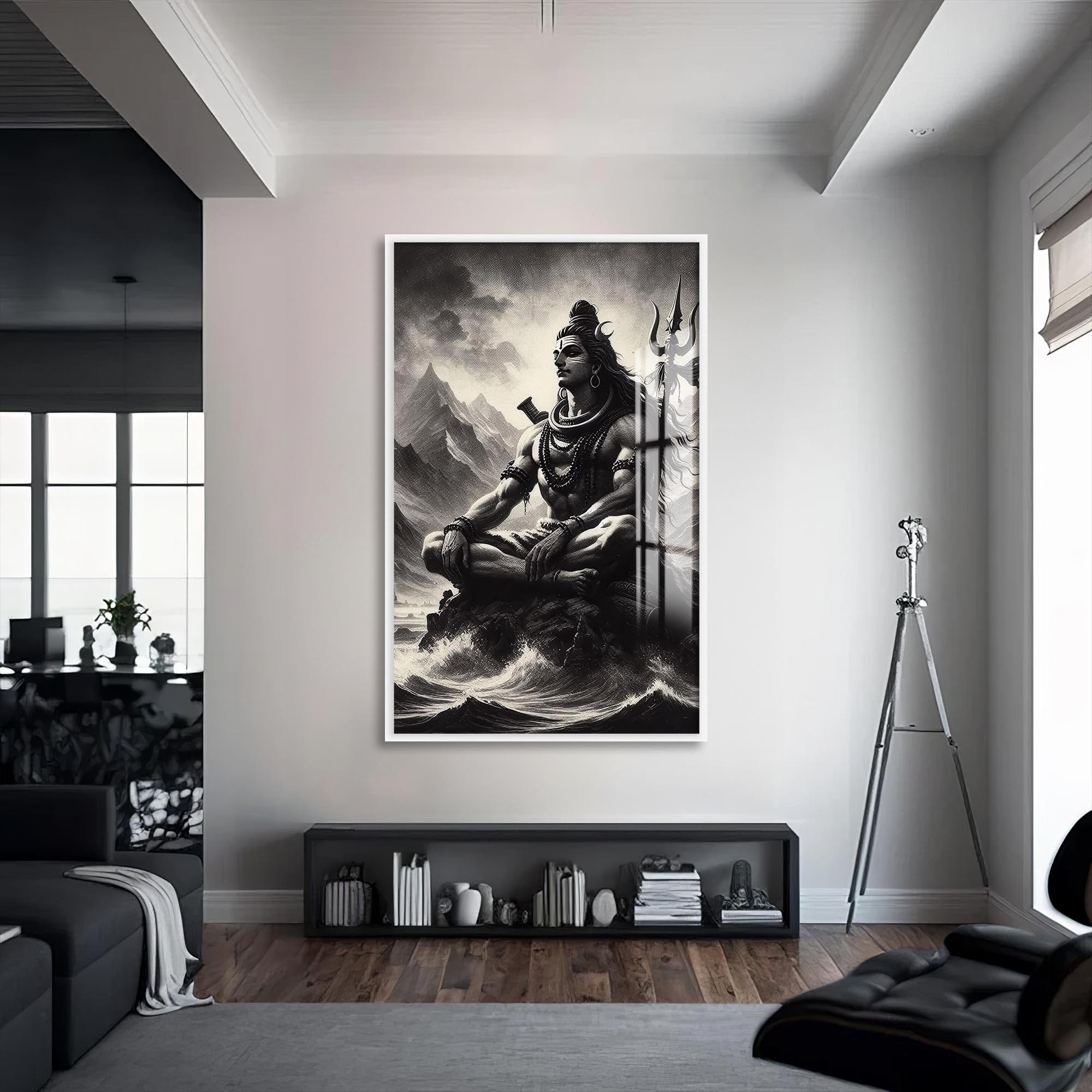 Artronauts Glass Print S | 72x46 cm | 28.3"x18.1" / White Silent Mahadev- Hinduism Tempered Glass Wall Art