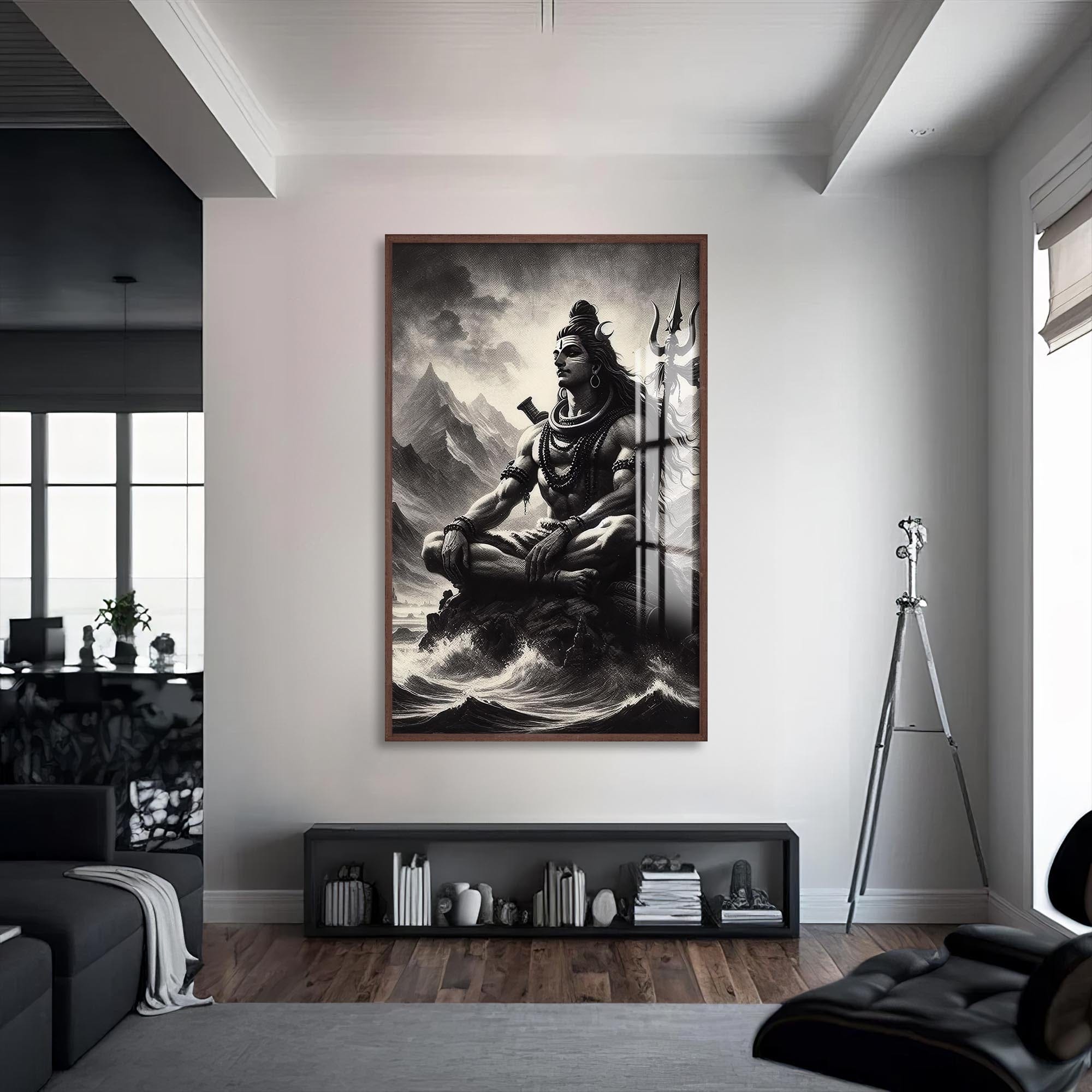 Artronauts Glass Print S | 72x46 cm | 28.3"x18.1" / Walnut Silent Mahadev- Hinduism Tempered Glass Wall Art