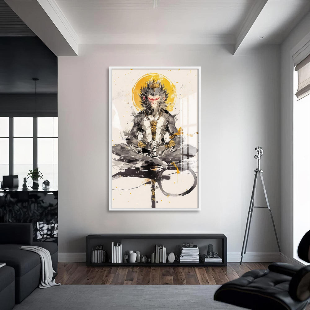 Artronauts Glass Print S | 72x46 cm | 28.3"x18.1" / White Meditation Hanuman- Hinduism Tempered Glass Wall Art