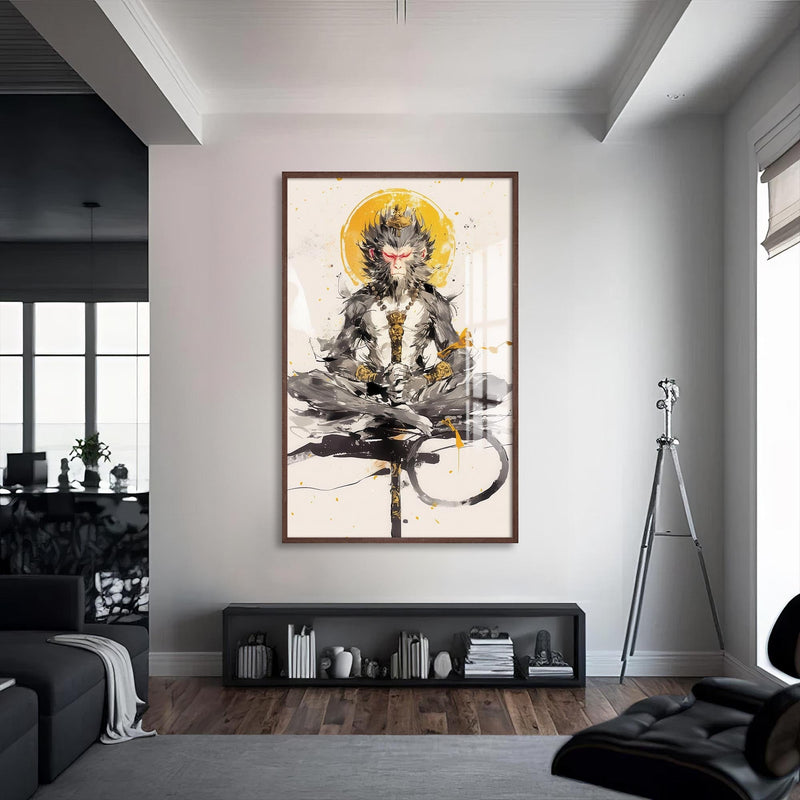 Artronauts Glass Print S | 72x46 cm | 28.3"x18.1" / Walnut Meditation Hanuman- Hinduism Tempered Glass Wall Art