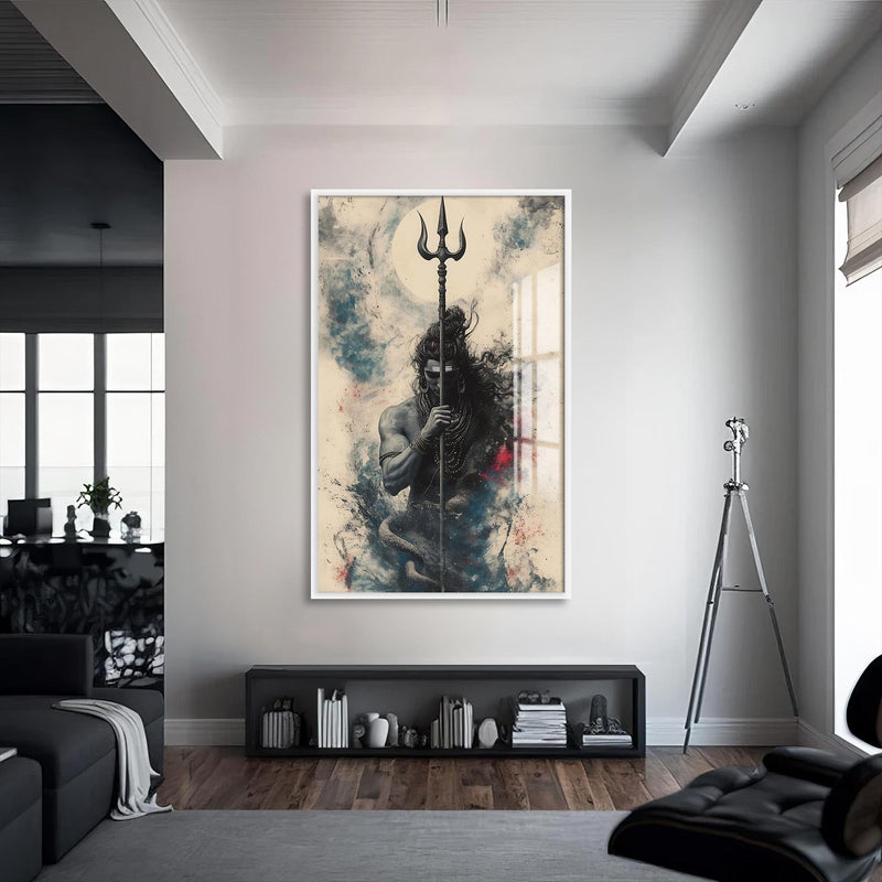 Artronauts Glass Print S | 72x46 cm | 28.3"x18.1" / White Trident Silence- Hinduism Tempered Glass Wall Art