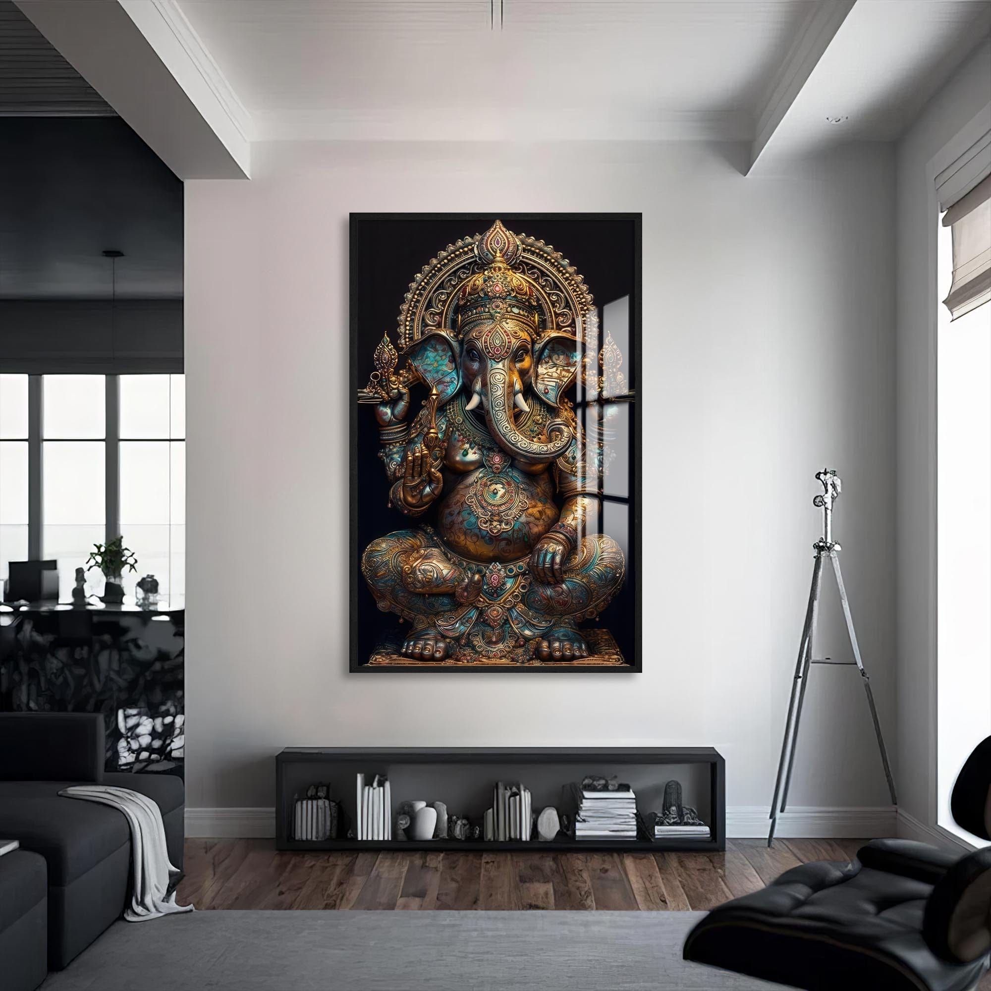 Artronauts Glass Print S | 72x46 cm | 28.3"x18.1" / Black Ganesha Royal- Hinduism Tempered Glass Wall Art