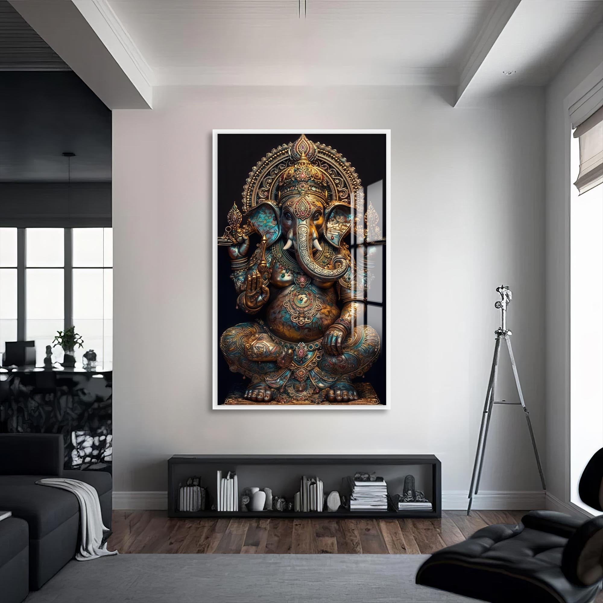 Artronauts Glass Print S | 72x46 cm | 28.3"x18.1" / White Ganesha Royal- Hinduism Tempered Glass Wall Art
