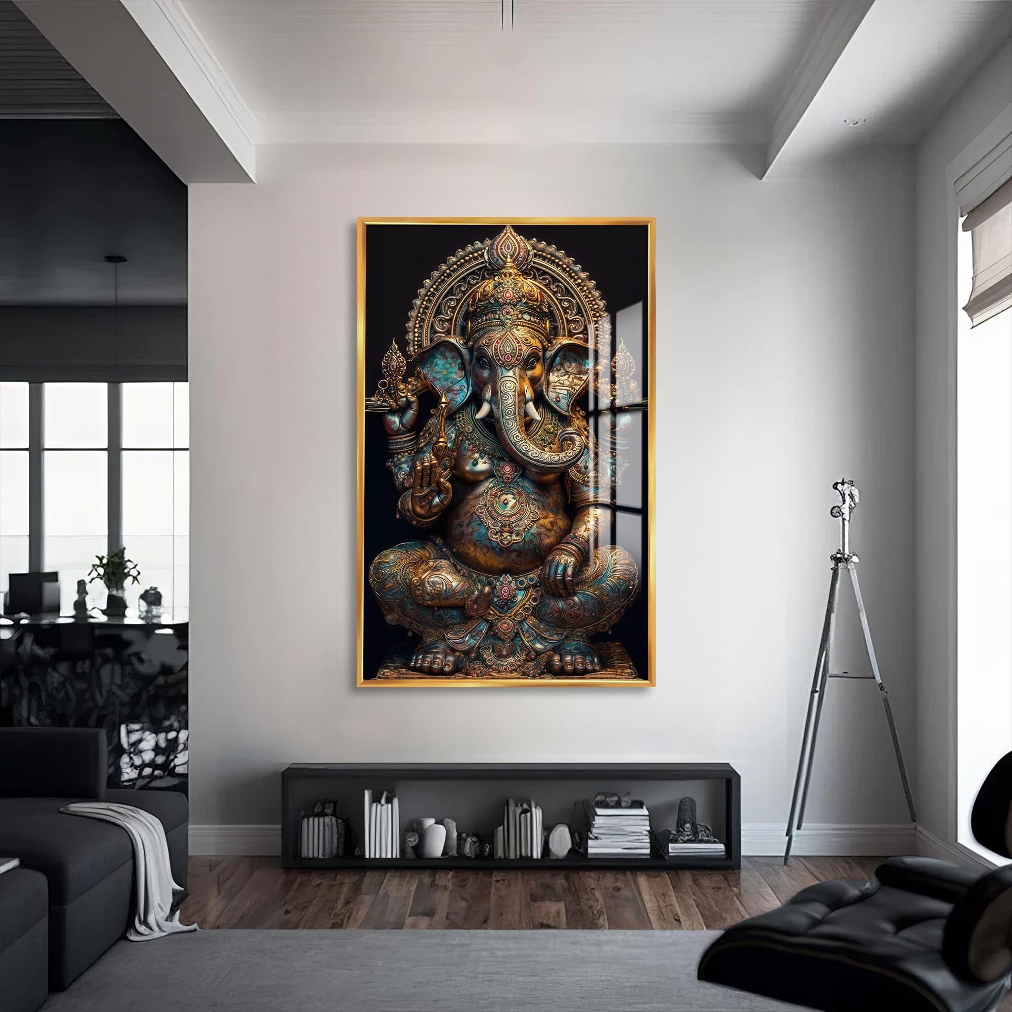 Artronauts Glass Print S | 72x46 cm | 28.3"x18.1" / Gold Ganesha Royal- Hinduism Tempered Glass Wall Art