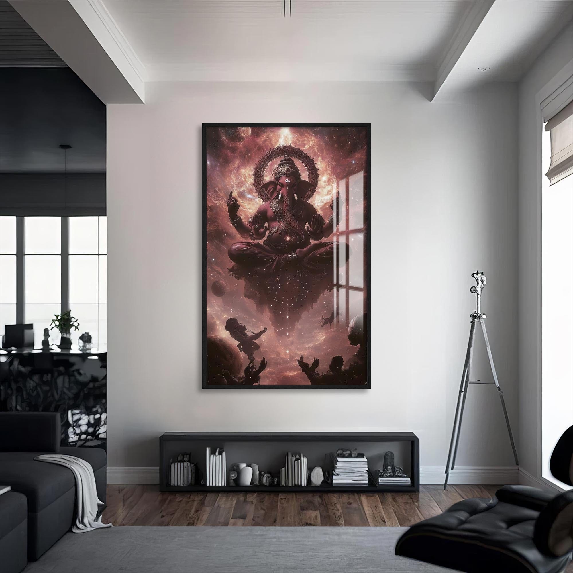 Artronauts Glass Print S | 72x46 cm | 28.3"x18.1" / Black Cosmic Ganesha- Hinduism Tempered Glass Wall Art