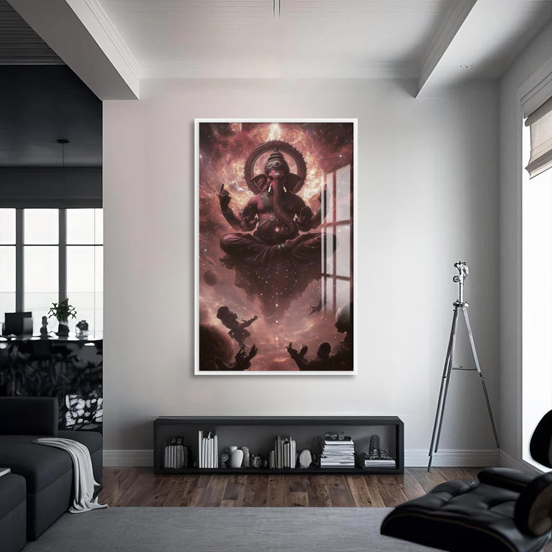 Artronauts Glass Print S | 72x46 cm | 28.3"x18.1" / White Cosmic Ganesha- Hinduism Tempered Glass Wall Art